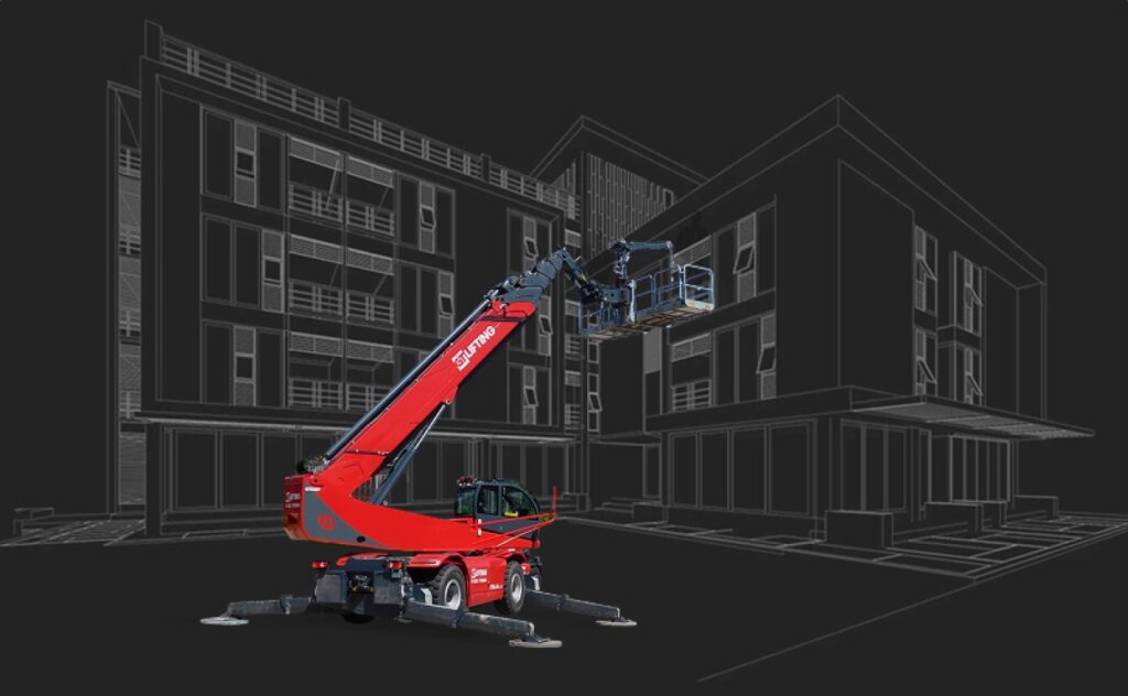 GT Lifting red Merlo telehandler cut-out overlaid on a line drawing of a building – specialist lifting solutions for construction